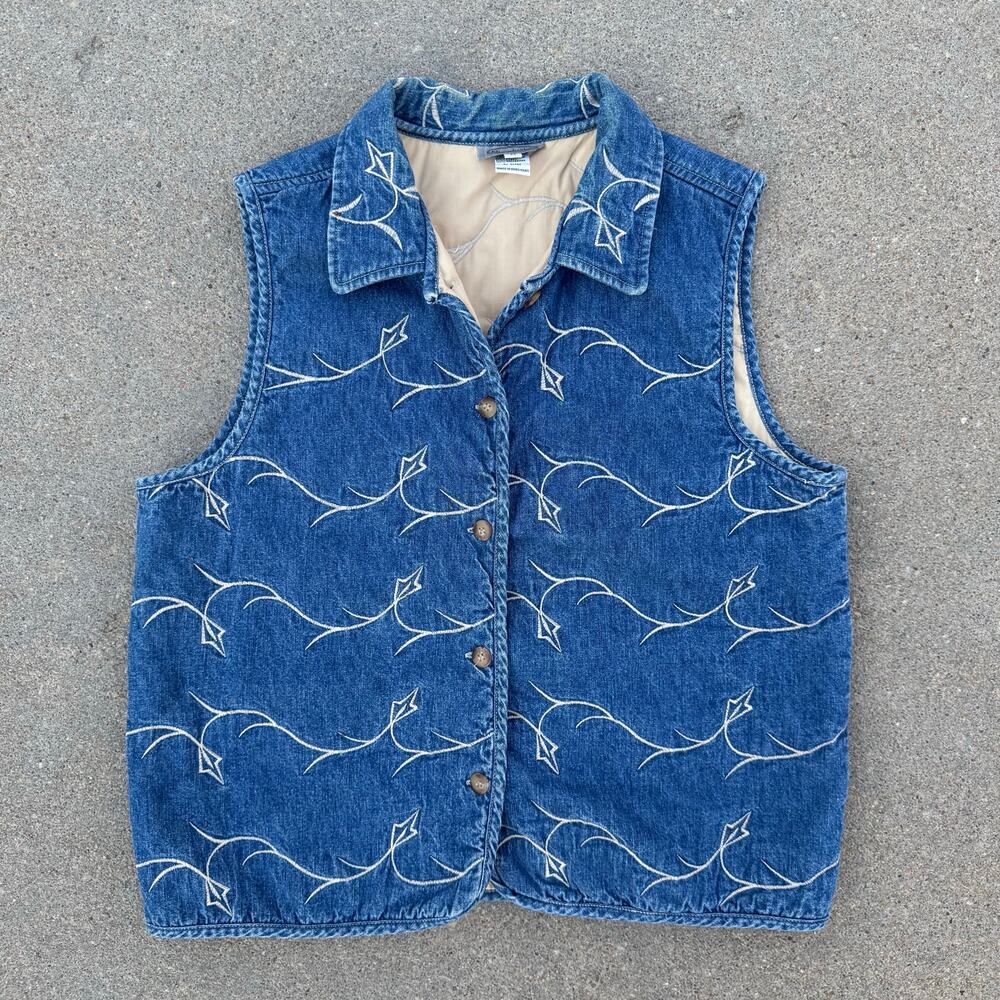 Vintage 90s Stonebridge Denim Art Deco Vest Quilted Embroidery MEDIUM